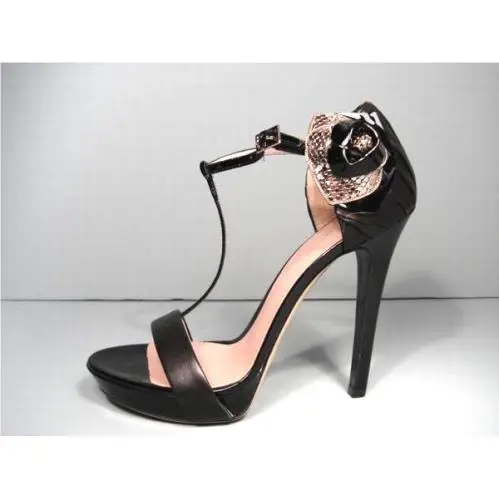 Versace 37.5 Black Leather Rose T-strap Platform Discount Sandals