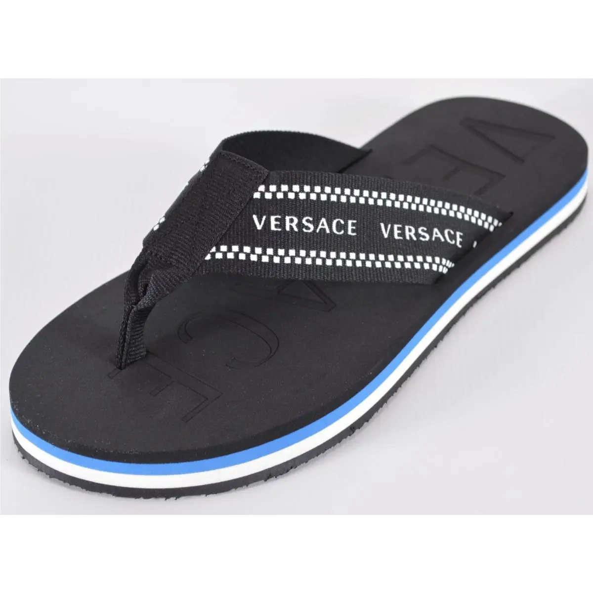Versace Men`s Blue Black Logo Flip Flops Thongs Sandals Shoes 39 6