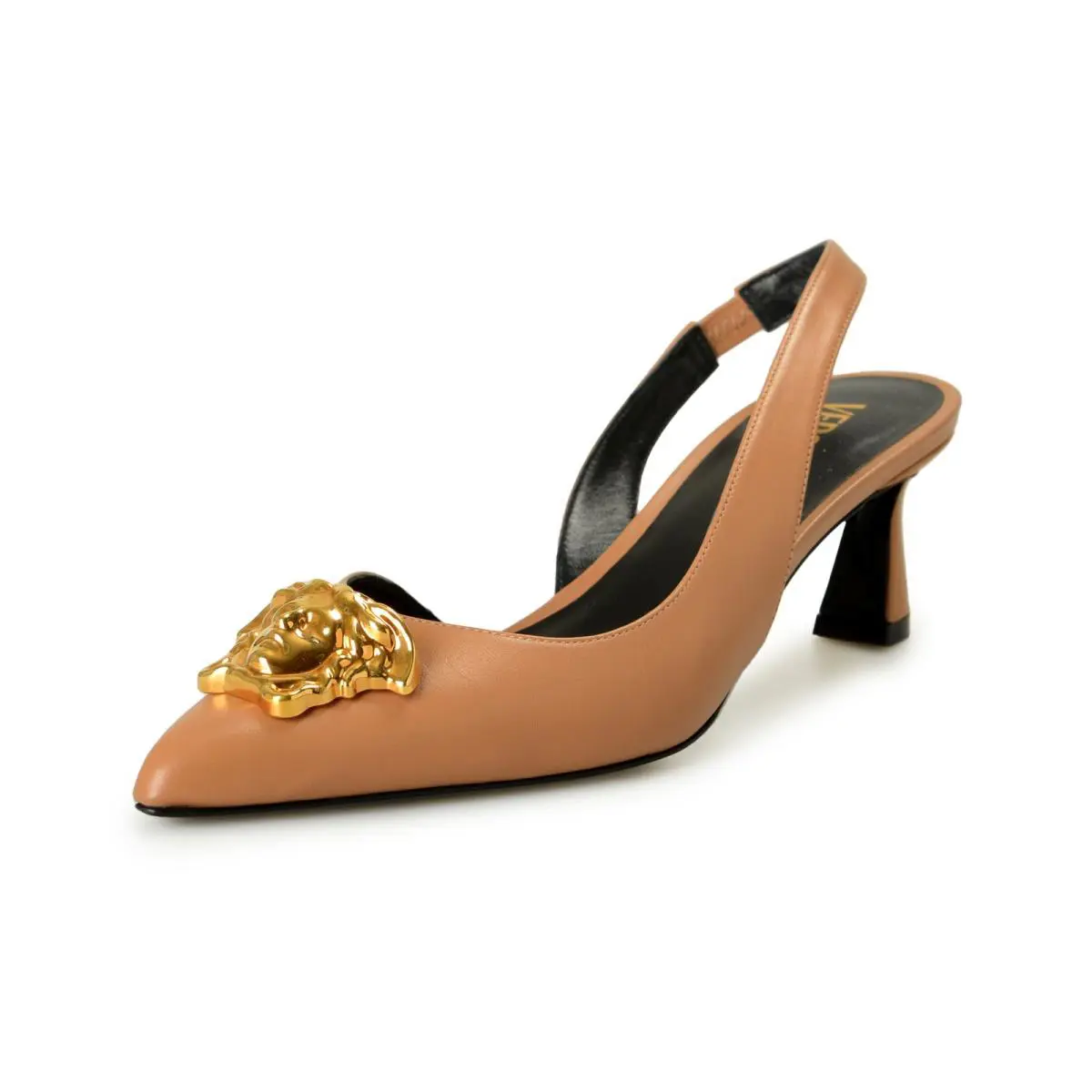 Versace Women`s Gold Medusa Caramel Leather Heeled Pumps Shoes US 7 IT 37 - Caramel Brown