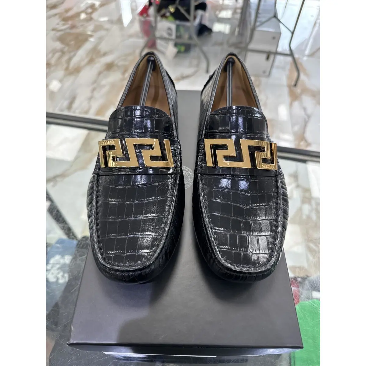 Versace La Greca Leather Driver Loafers Croc Embossed 40