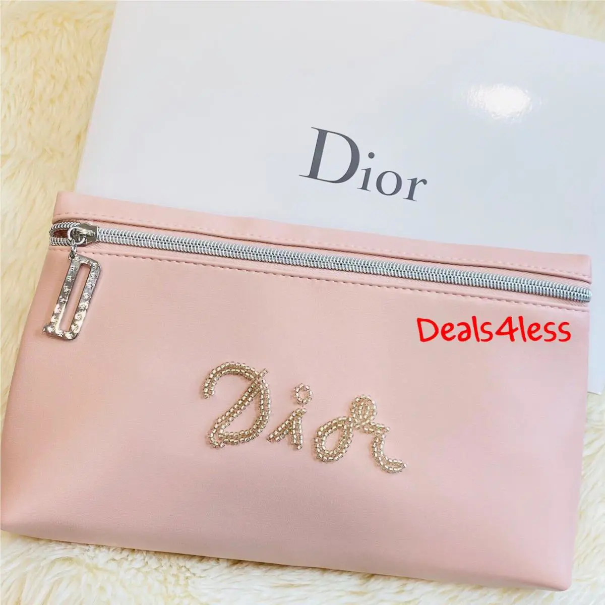 Dior Pouch Bag Glitter Beaded Bling Zip Makeup Toiletry Cosmetic Case Pink Rare