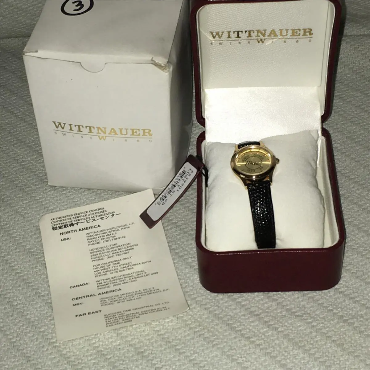 Swiss Quartz Gold Face Wittnauer 1880 Meac SR Award Watch Black Leather Band