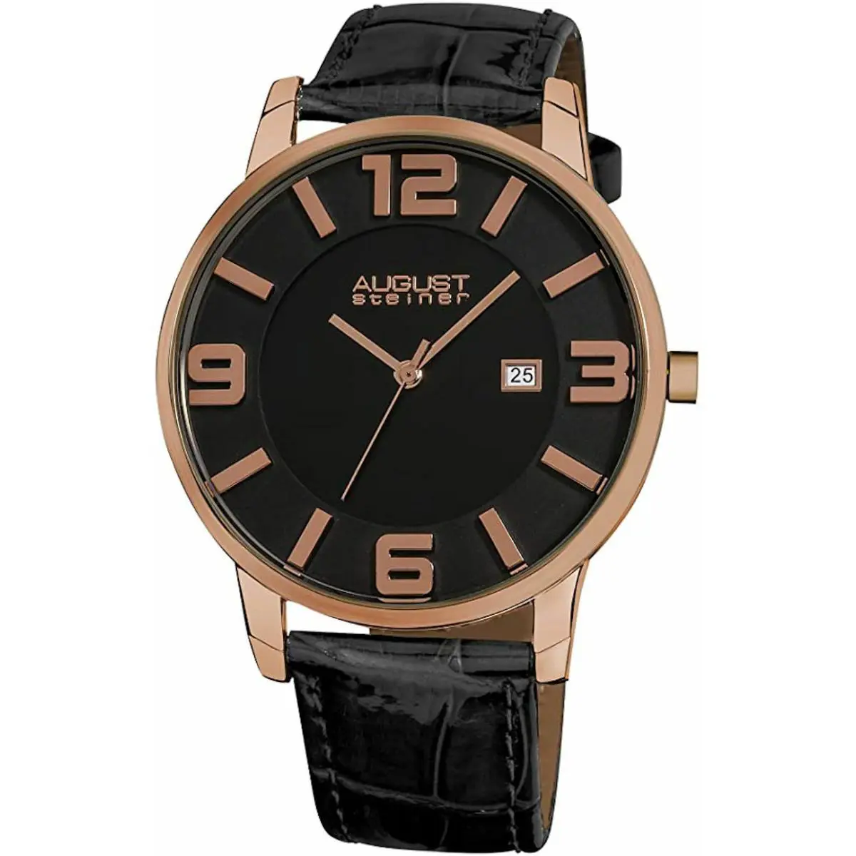 August Steiner AS8055RG Slim Swiss Quartz Black Leather Strap Mens Watch