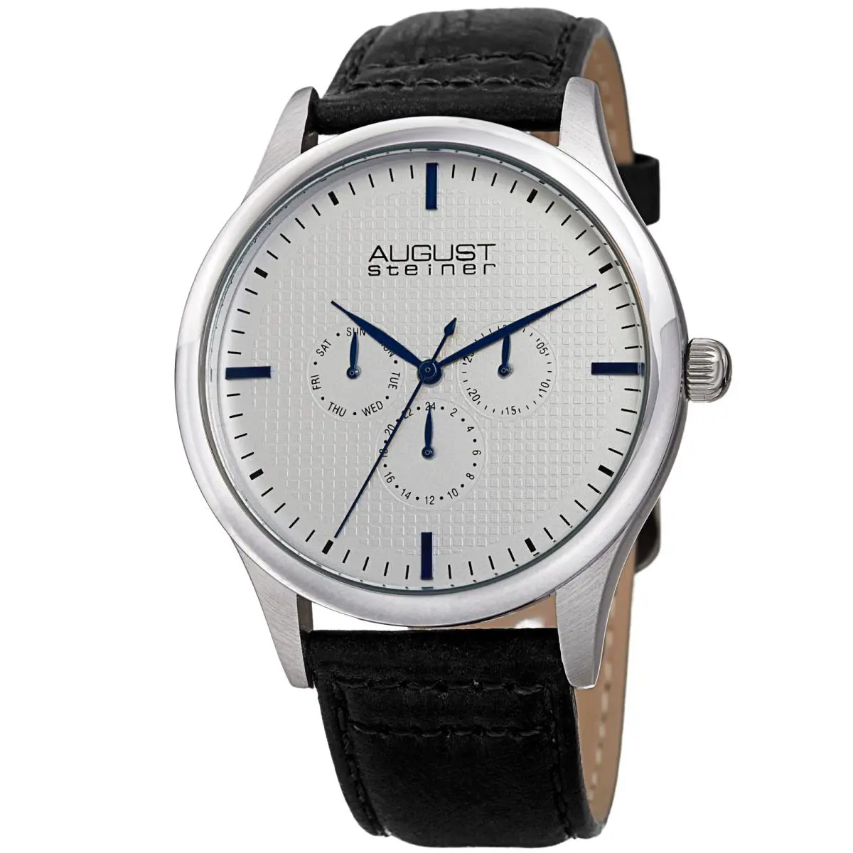 Men`s August Steiner AS8243SSBK Multifunction Silver Tone Black Leather Watch
