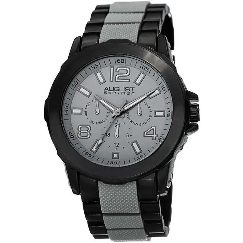 August Steiner AS8114GY Day Date Gmt Grey Dial Inner Links Black Mens Watch
