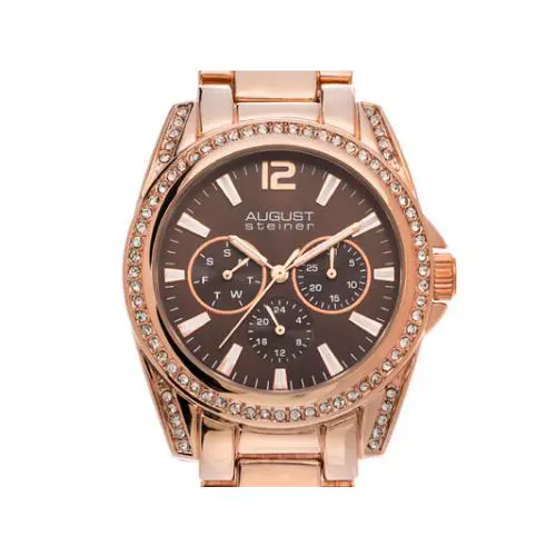August Steiner Ladies Crystal Rose Tone Multifunction Boyfriend Watch
