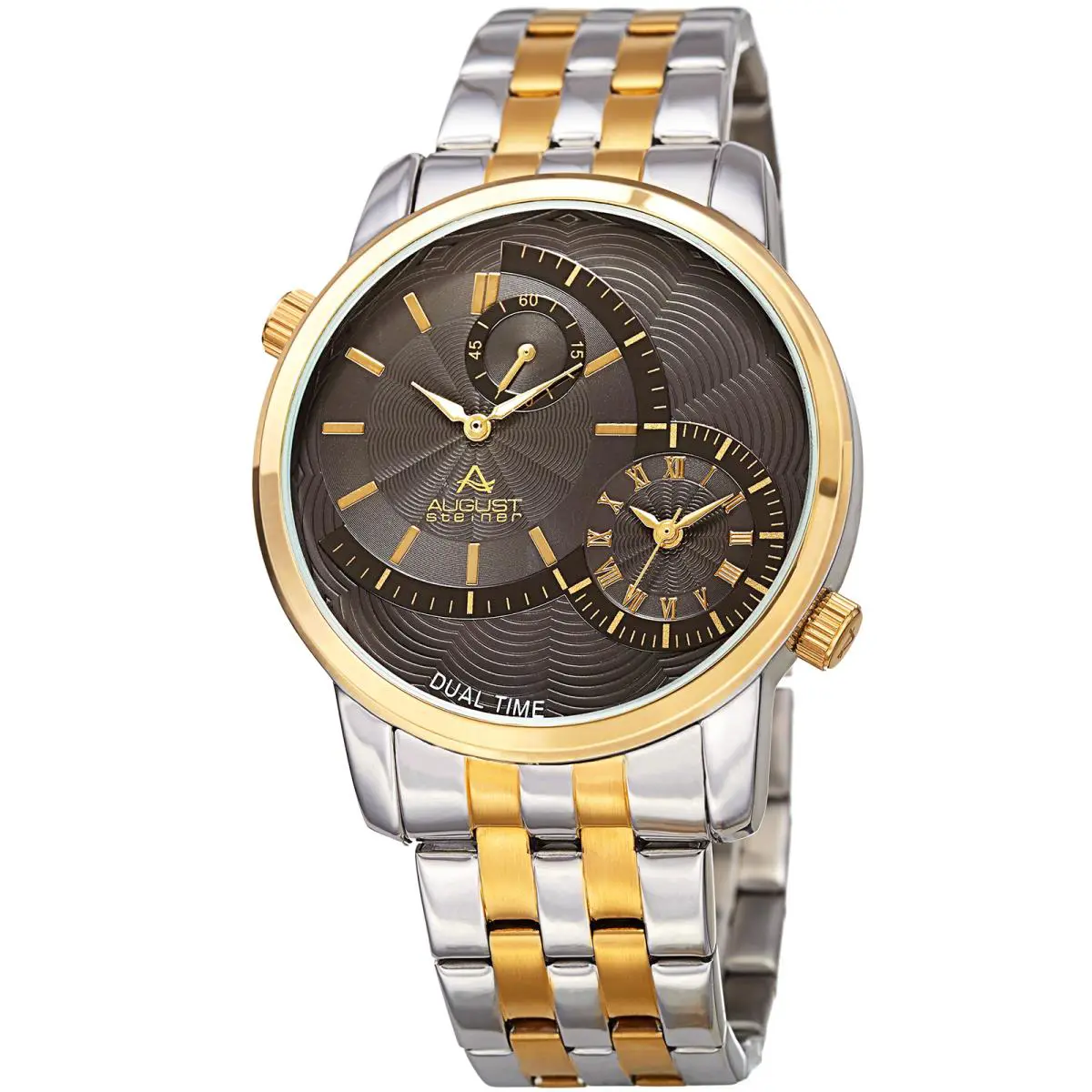 Men`s  AS8210TTG Dual Time Sub-second Dial Steel Bracelet Watch by August Steiner