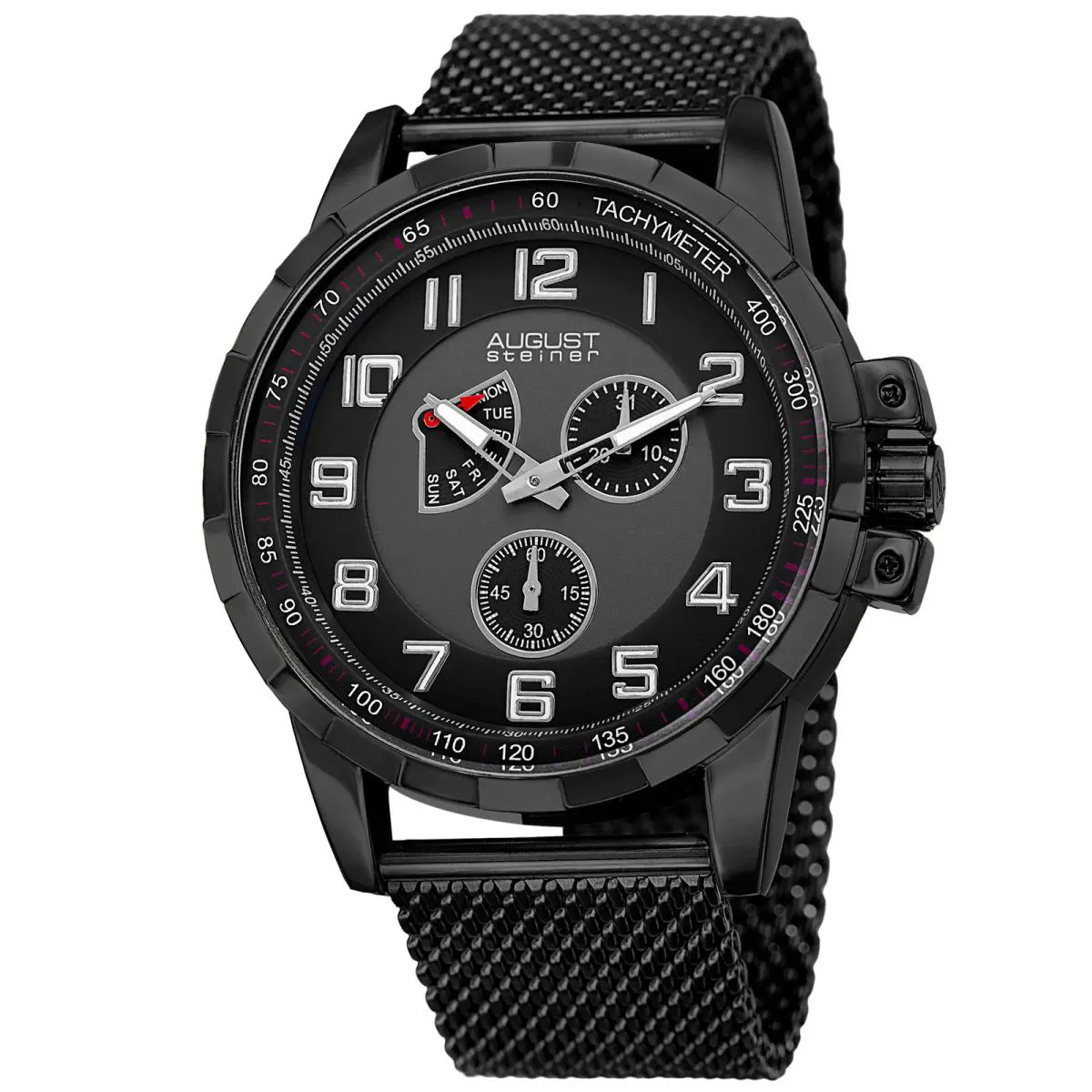 Men`s  AS8202BK Small Seconds Date Tachymeter Mesh Bracelet Watch by August Steiner