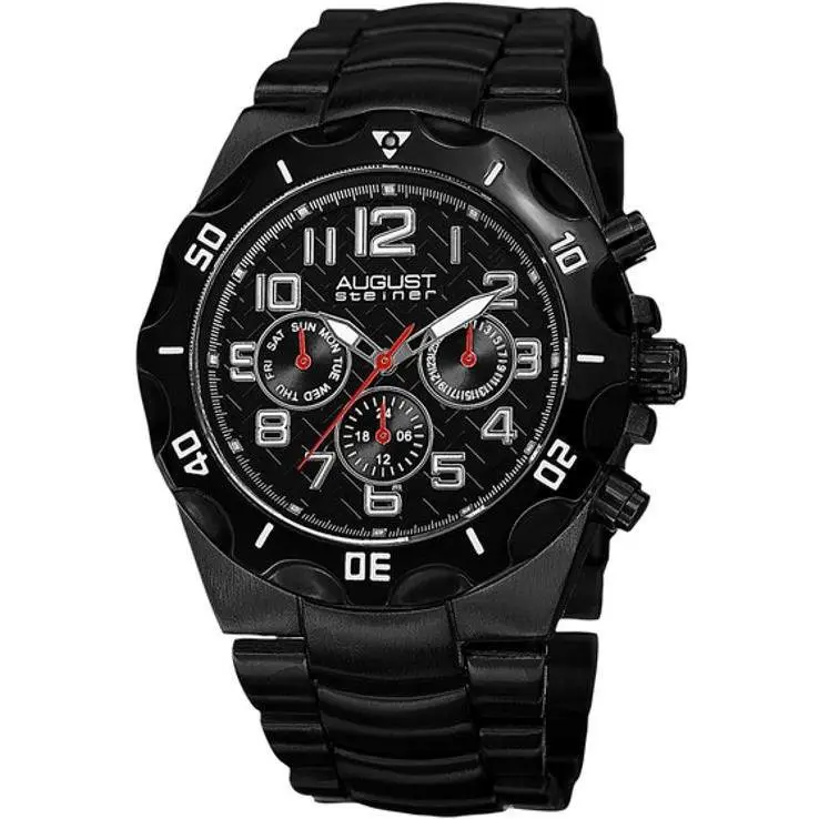 August Steiner AS8161BK Swiss Quartz Day Date Gmt Red Accented Black Mens Watch