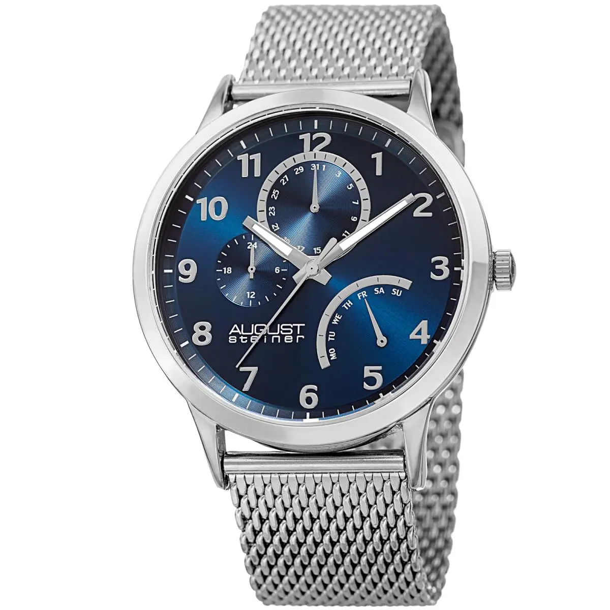 Men`s August Steiner AS8230SSBU 24 Hour Indicator Date Steel Mesh Bracelet Watch