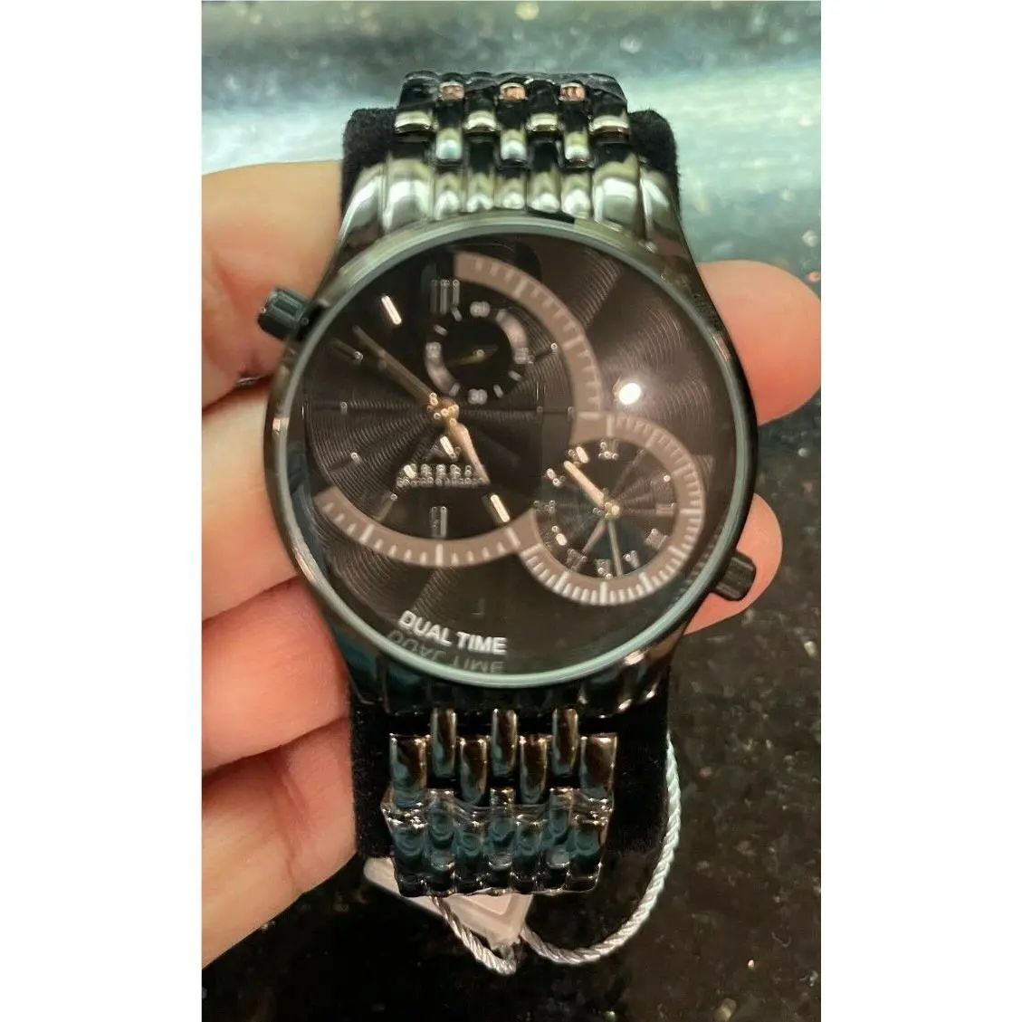 Men`s August Steiner AS8141 Quartz Dual Time Black Gunmetal Bracelet Watch