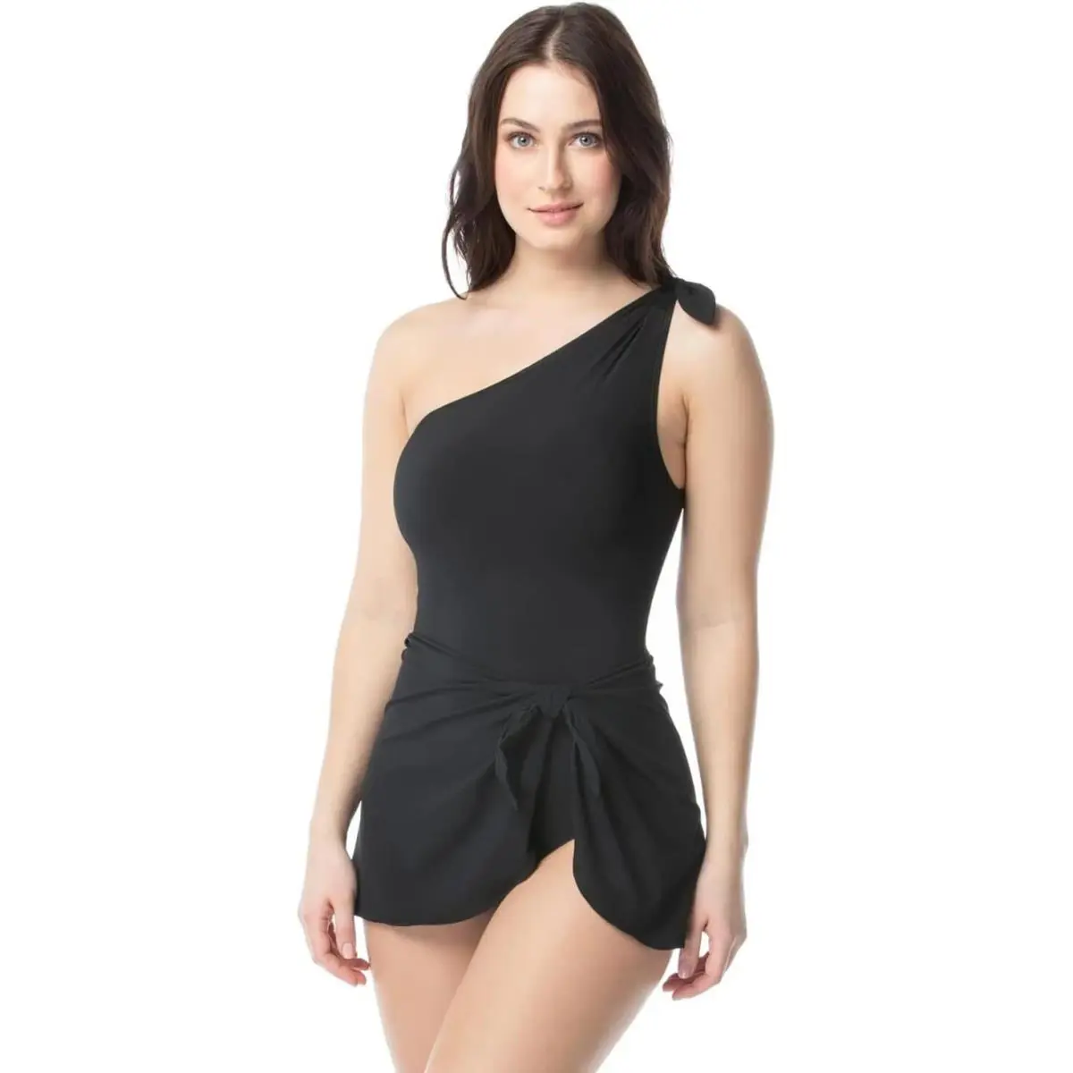 Contours Coco Reef Rosaline One Shoulder Sarong One Piece Black Swimsuit 14 38C