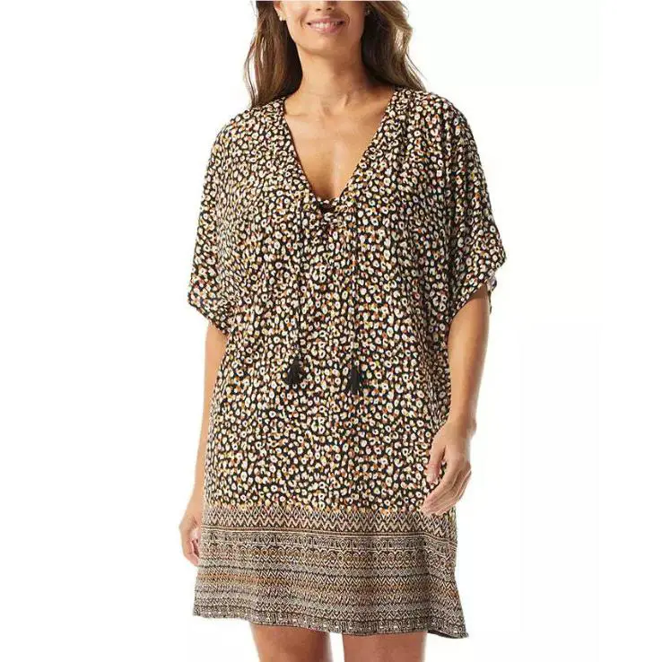 Coco Reef Womens Raya Lace-up V-neck Dress Cover-up Animal Print Size M 11560