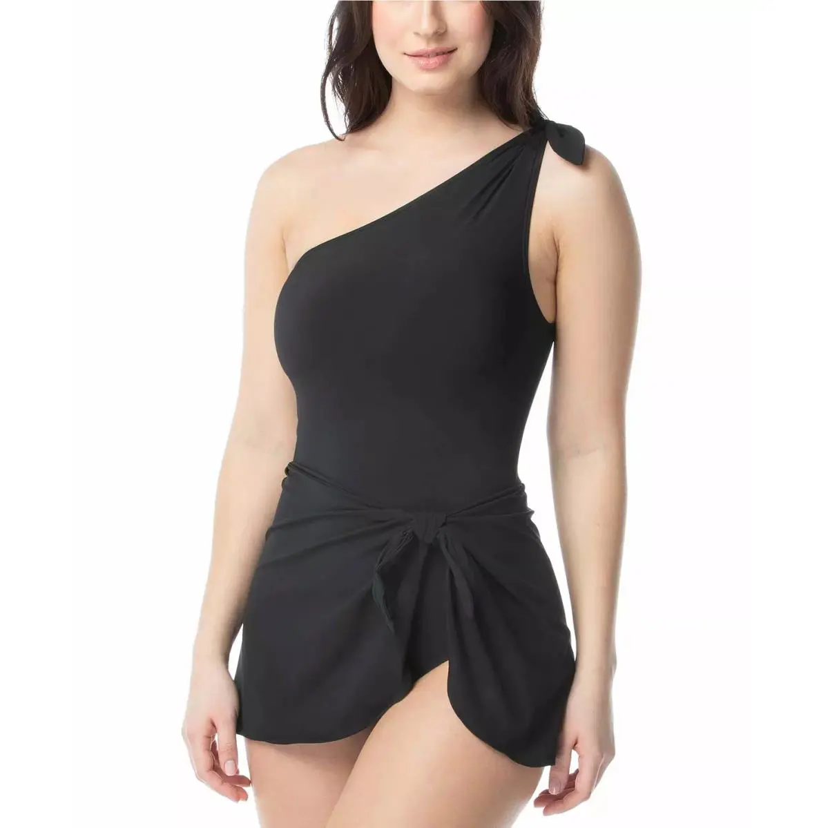 Coco Reef Black Rosaline One-shoulder Tummy-control Sarong Swim Dress US 14/38C