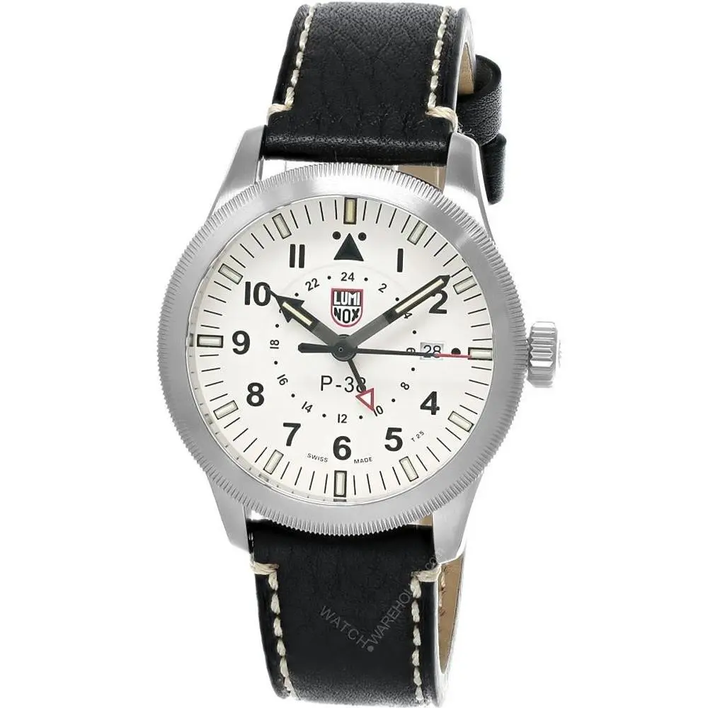 Luminox P–38 Lightning Gmt Quartz 42mm Beige Dial Leather Men`s Watch XA.9527