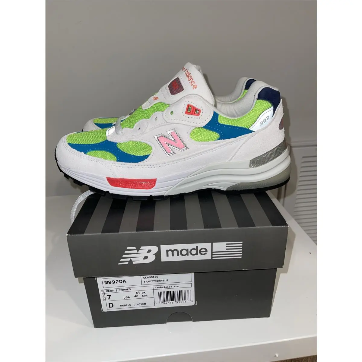 New Balance 992 White Neon Cyan Watermelon Athletic Sneakers M992DA Mens Size7