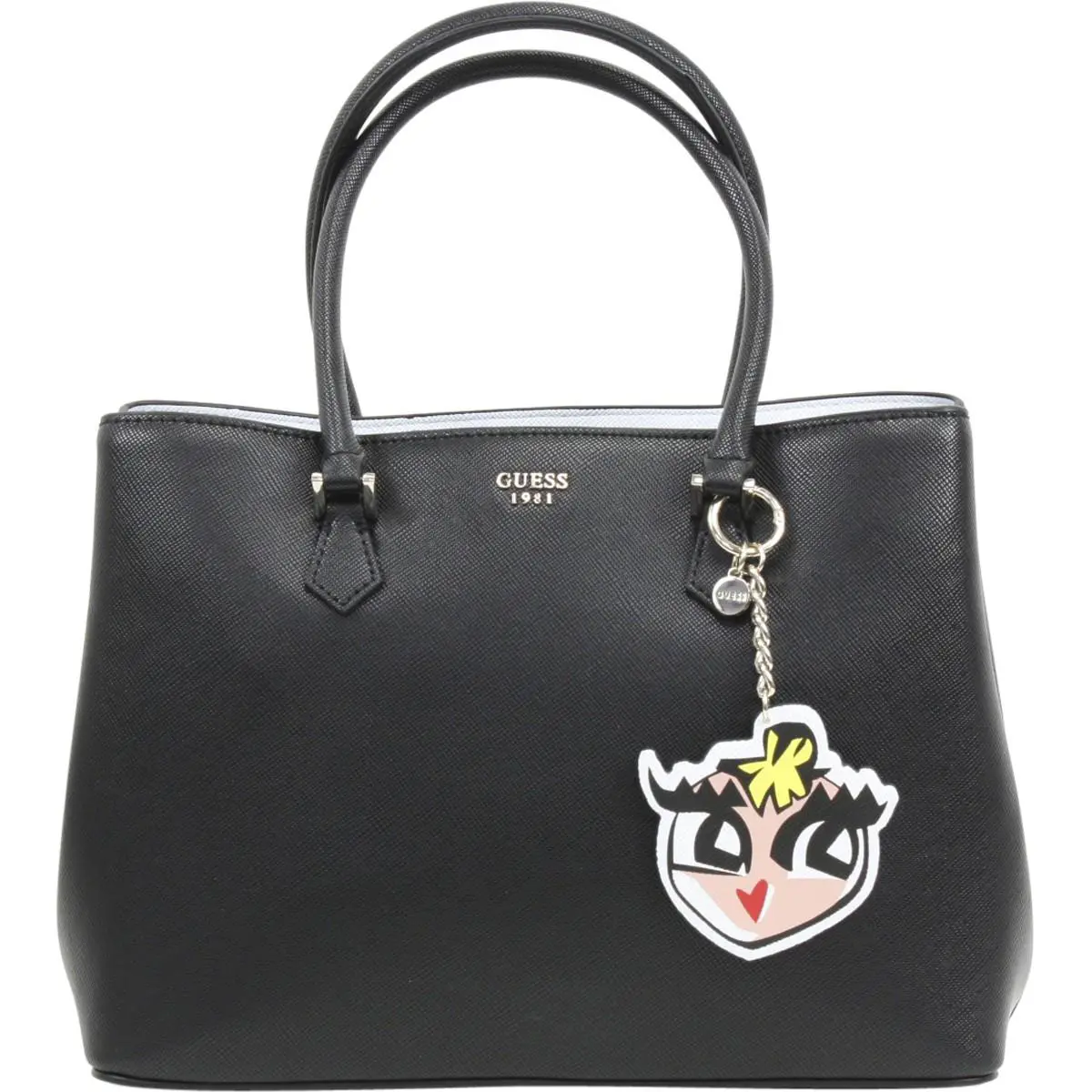Women`s Pin Up Pop Pebbled Black Shopper Tote Handbag by Guess