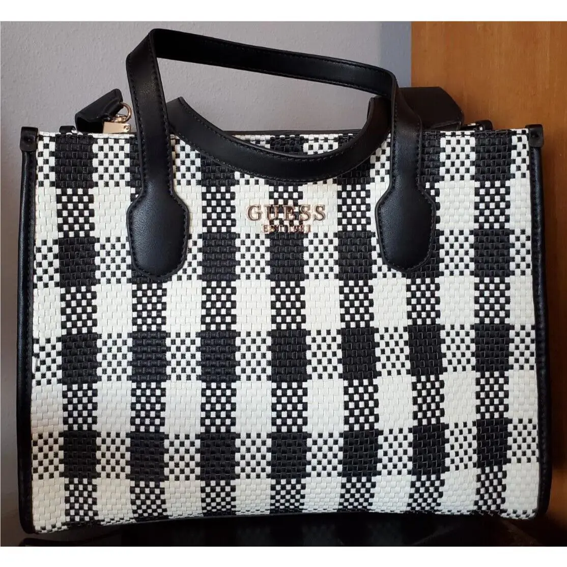 Guess Silvana Women`s Handbag Medium Tote Bag Black White