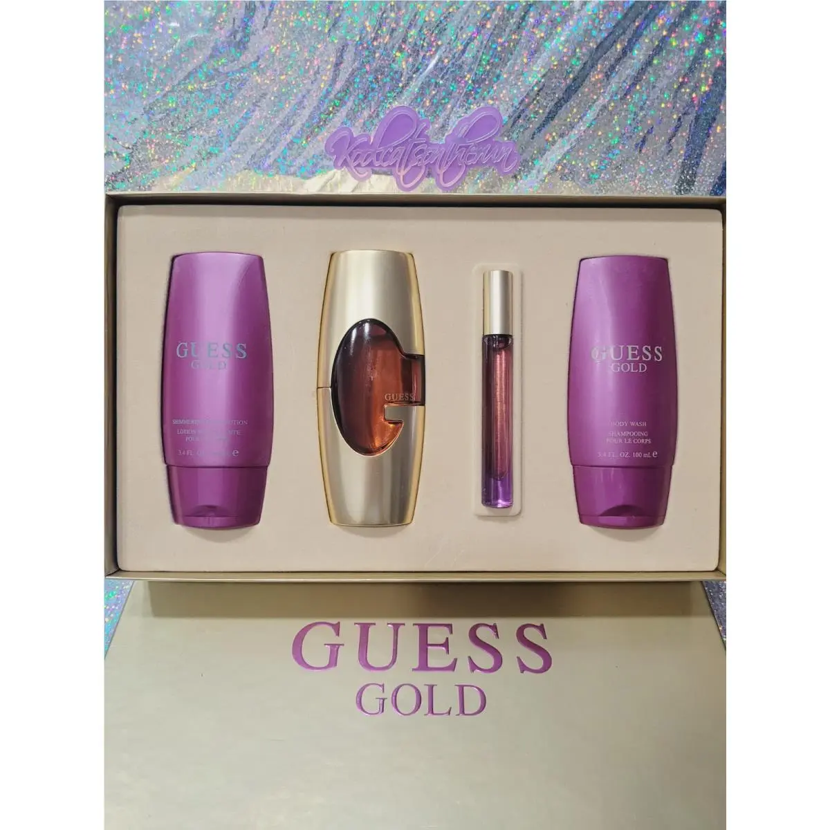 Guess Gold 2.5 oz Eau De Parfum + 3.4 oz Lotion Wash + Rollerball Set Parlux