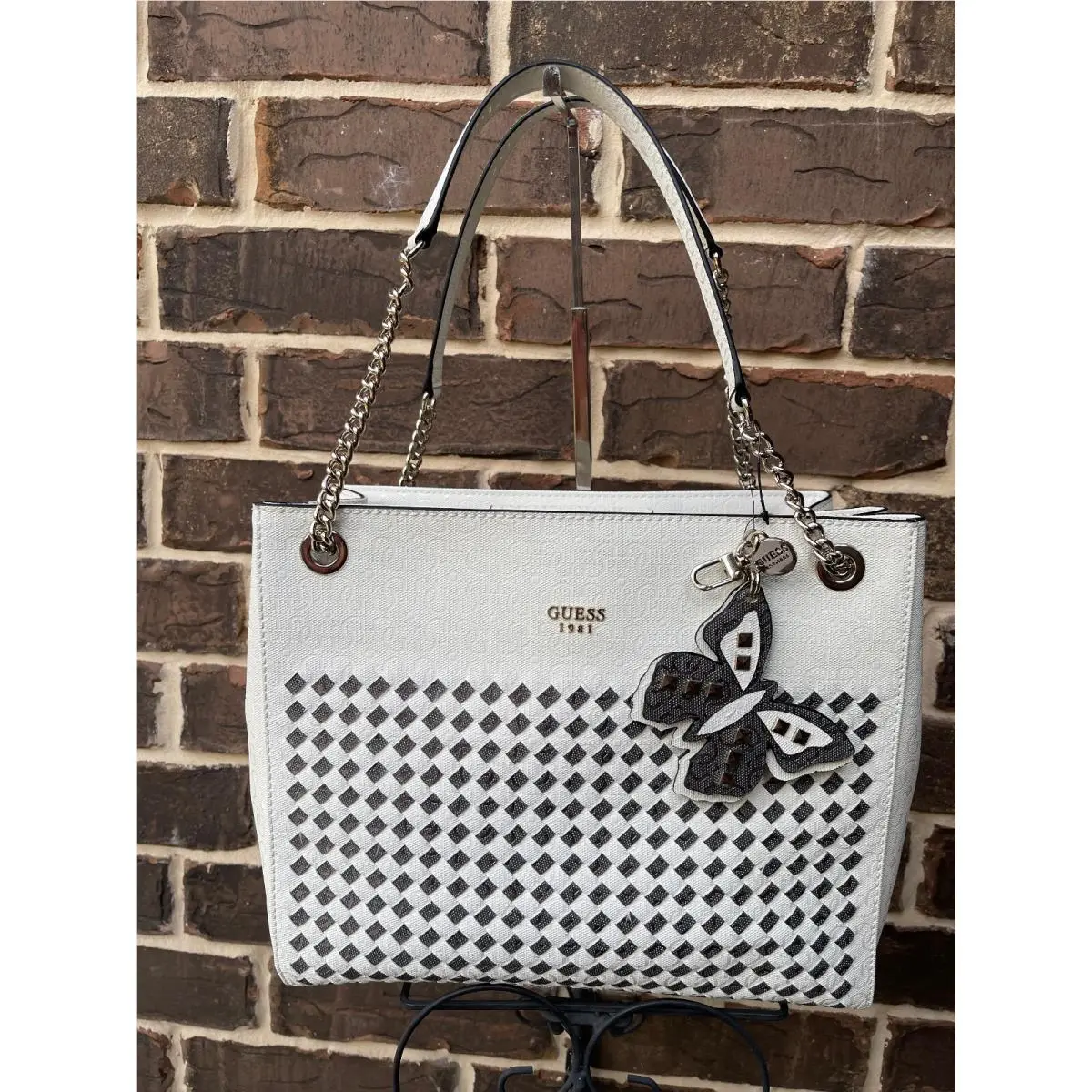 Guess Flutter Chain Strap Tote Shoulder Bag Black White Butterfly Charm