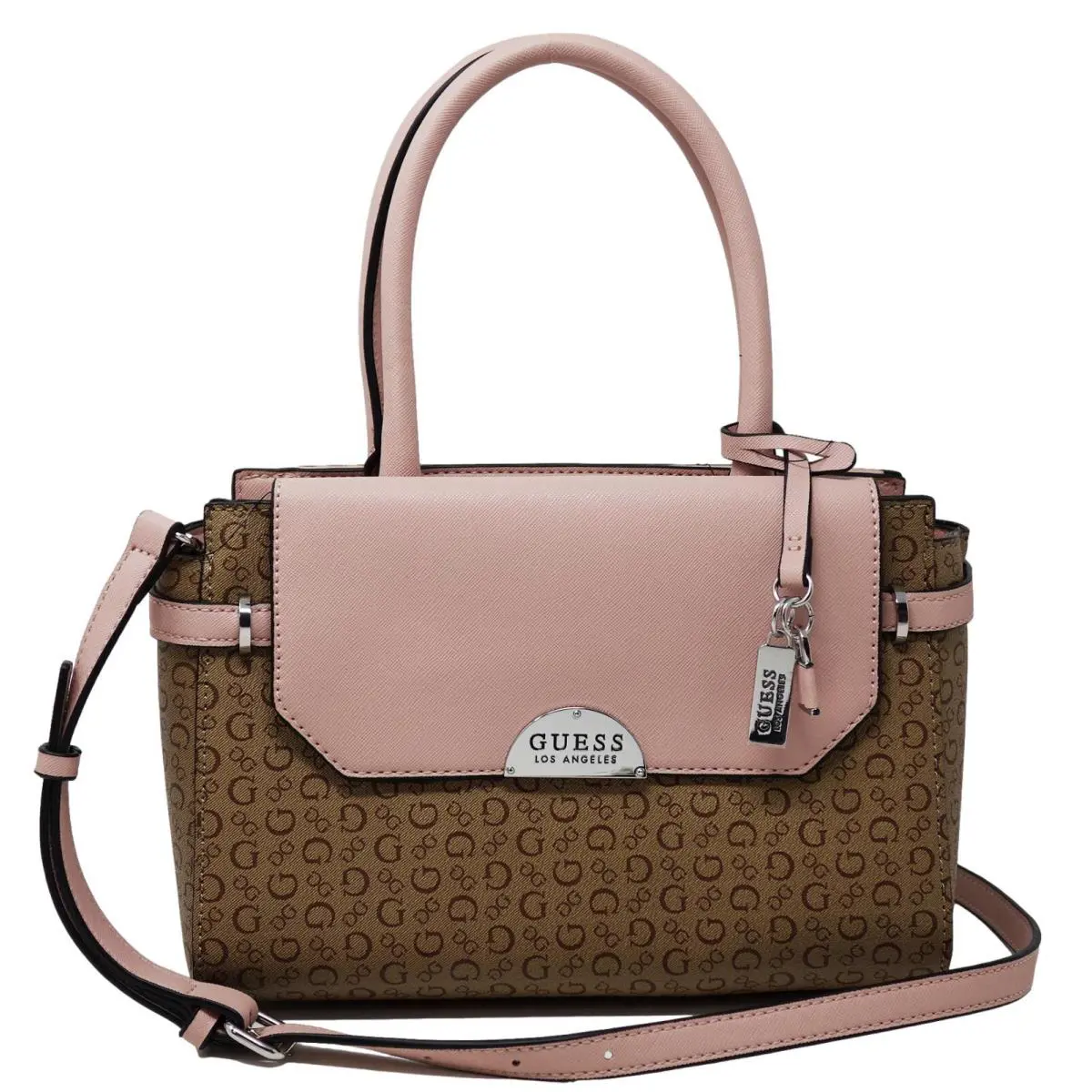 Guess Women`s Brown Pink Logo Print Satchel Handbag Purse Crossbody Bag