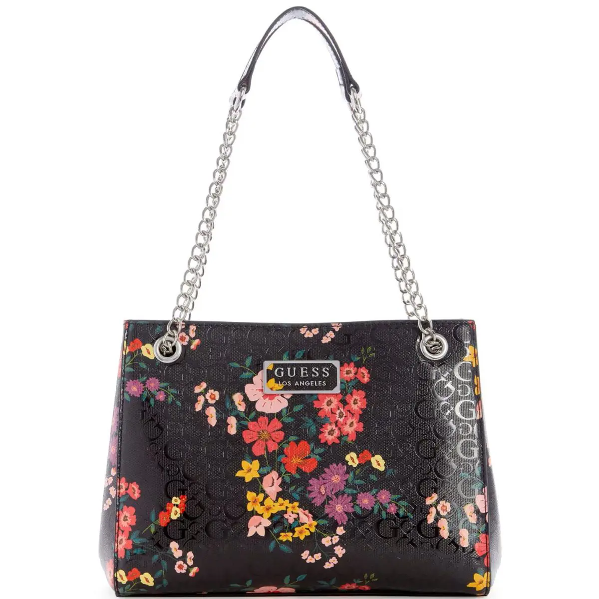 Guess Mirabelli Floral Print Logo Embossed Small Satchel Bag Purse Handbag - Lining: Black, Exterior: Black