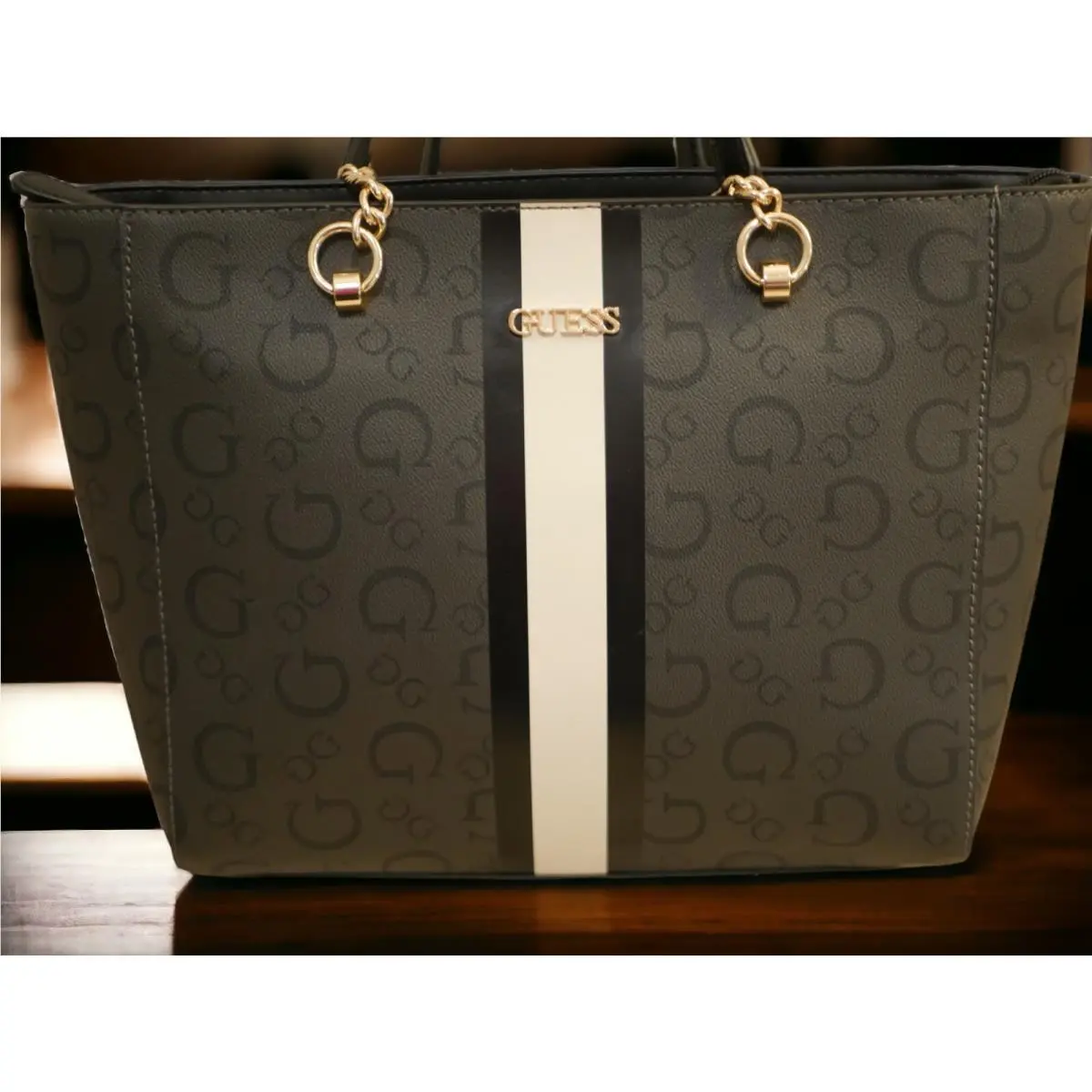 WT Guess Fredericksburg Carryall Tote Shoulder Bag Purse Black Coal Stripe