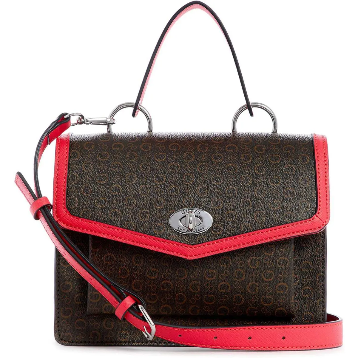 Guess Women`s Crimmel Red Brown Logo Print Crossbody Bag Handbag Purse