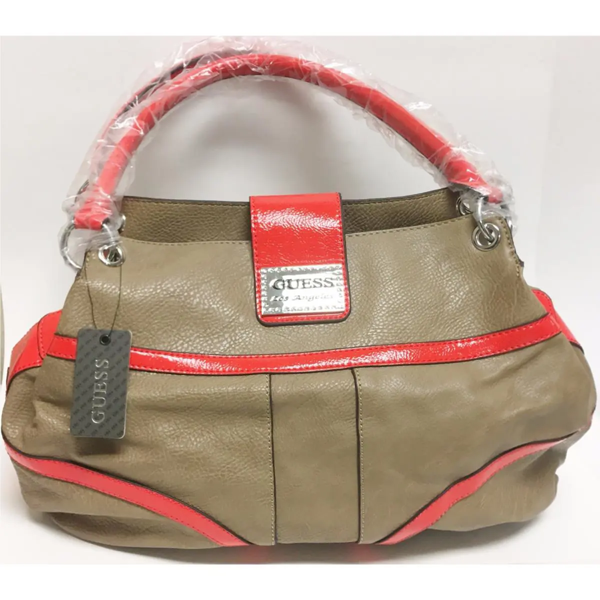New-guess Kissa Stone Taupe+coral Red Leatherette Tote Hand Bag PURSE-MSRP$125