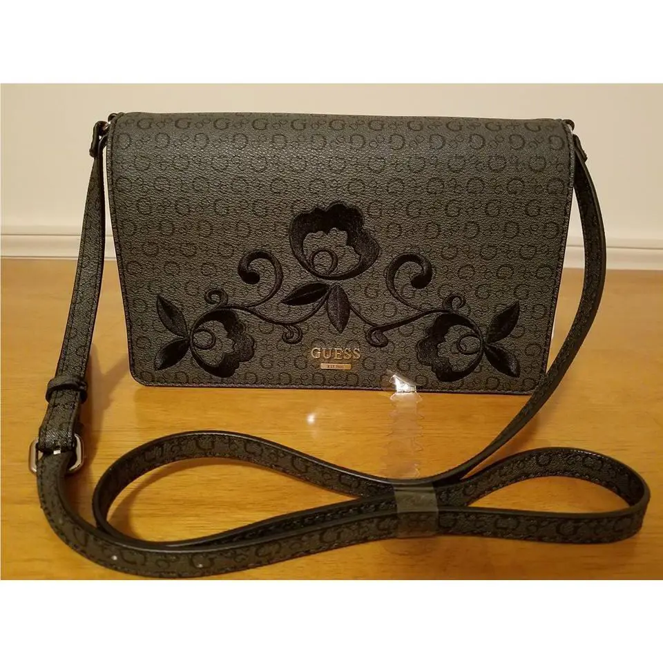 Guess Women`s Handbag Purse Curran Logo Satchel Coal