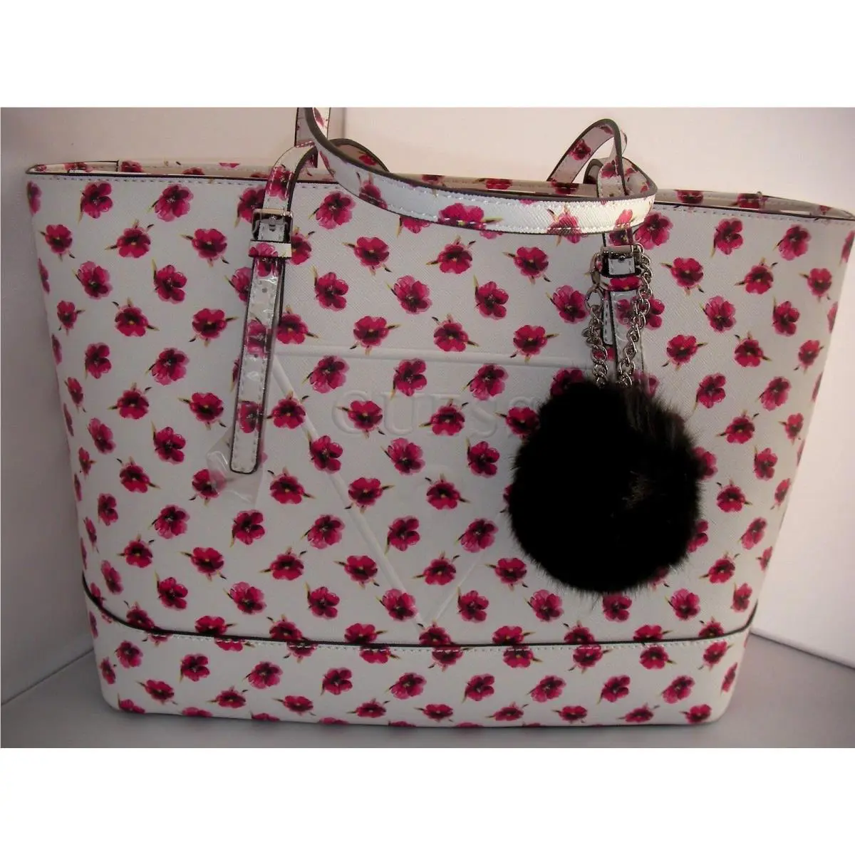 Guess Ladies Peak Tote Handbag Cognac Multi White Color