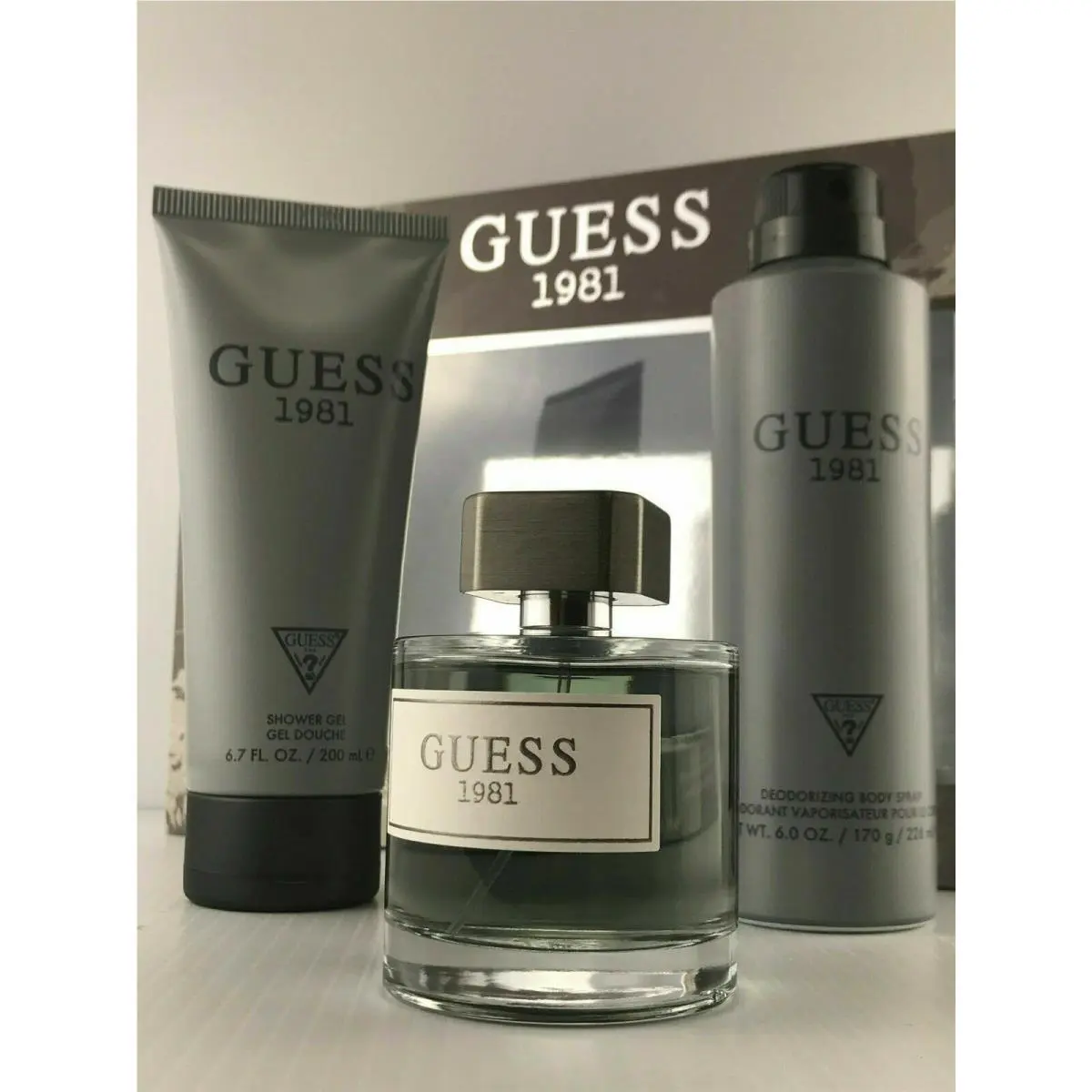 Guess 1981 Men 3pc Set Cologne Spray 2.5 oz Deo Body Spray 6.0 Shower Gel 6.7