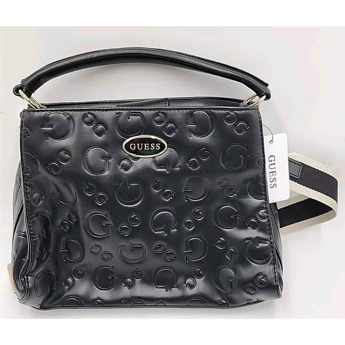 Guess Textured PU Structured Satchel W/tassel Handbag. Black 8.5 Hx10 Wx2 D