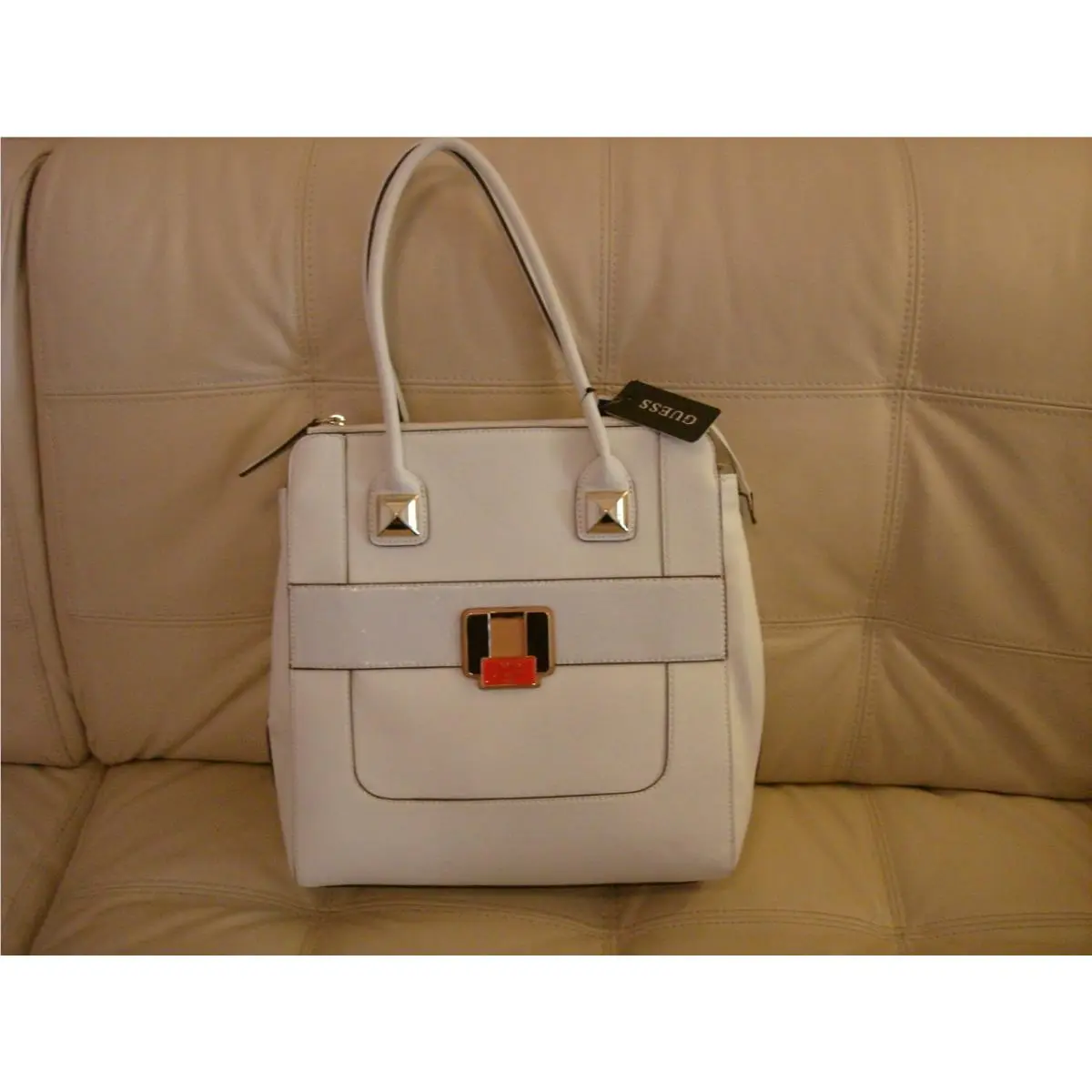 WT White Large  Purse Tote Gold Hardware Leather Like Patent Durado by Guess