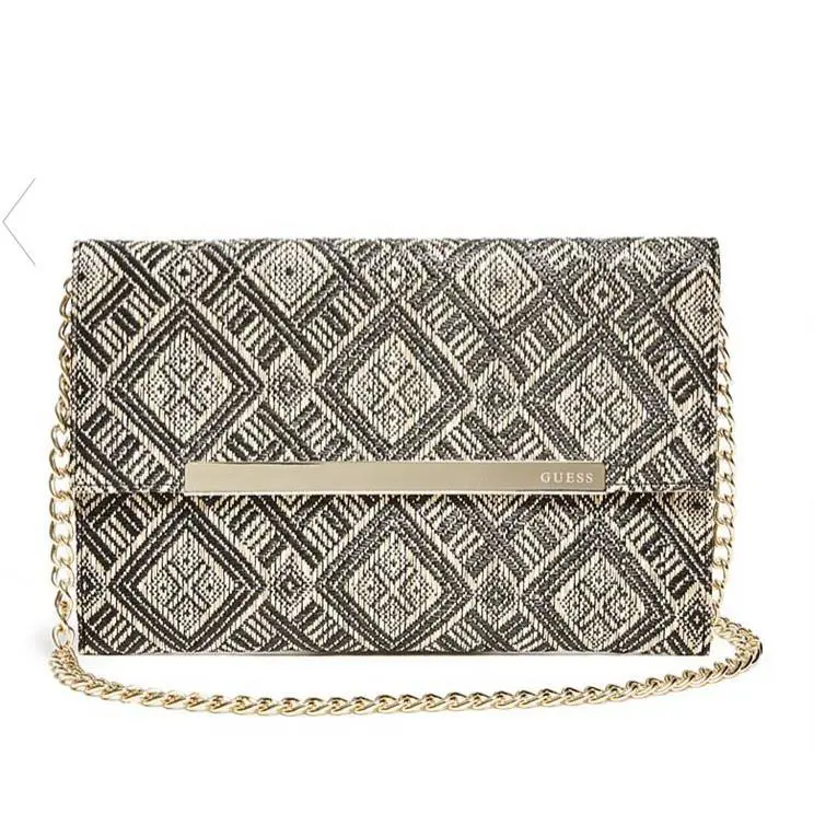 Guess Sandra Straw Clutch Crossbody Handbag Purse Chain Strap Black Beige