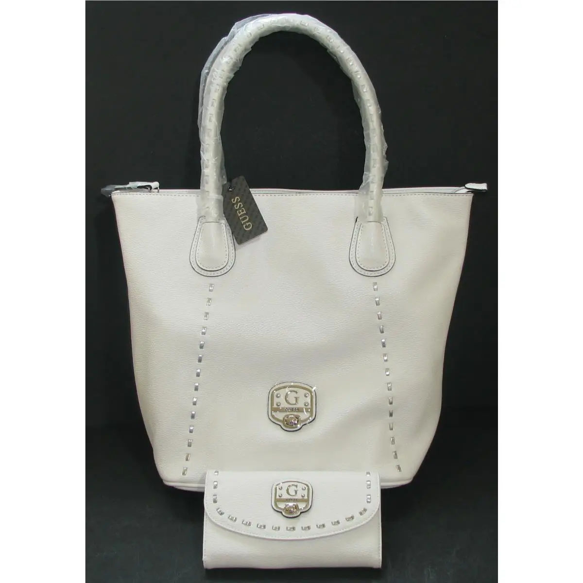 New-guess Garland White Leatherette`+silver Tone Hardware Tote Bag Purse Shopper