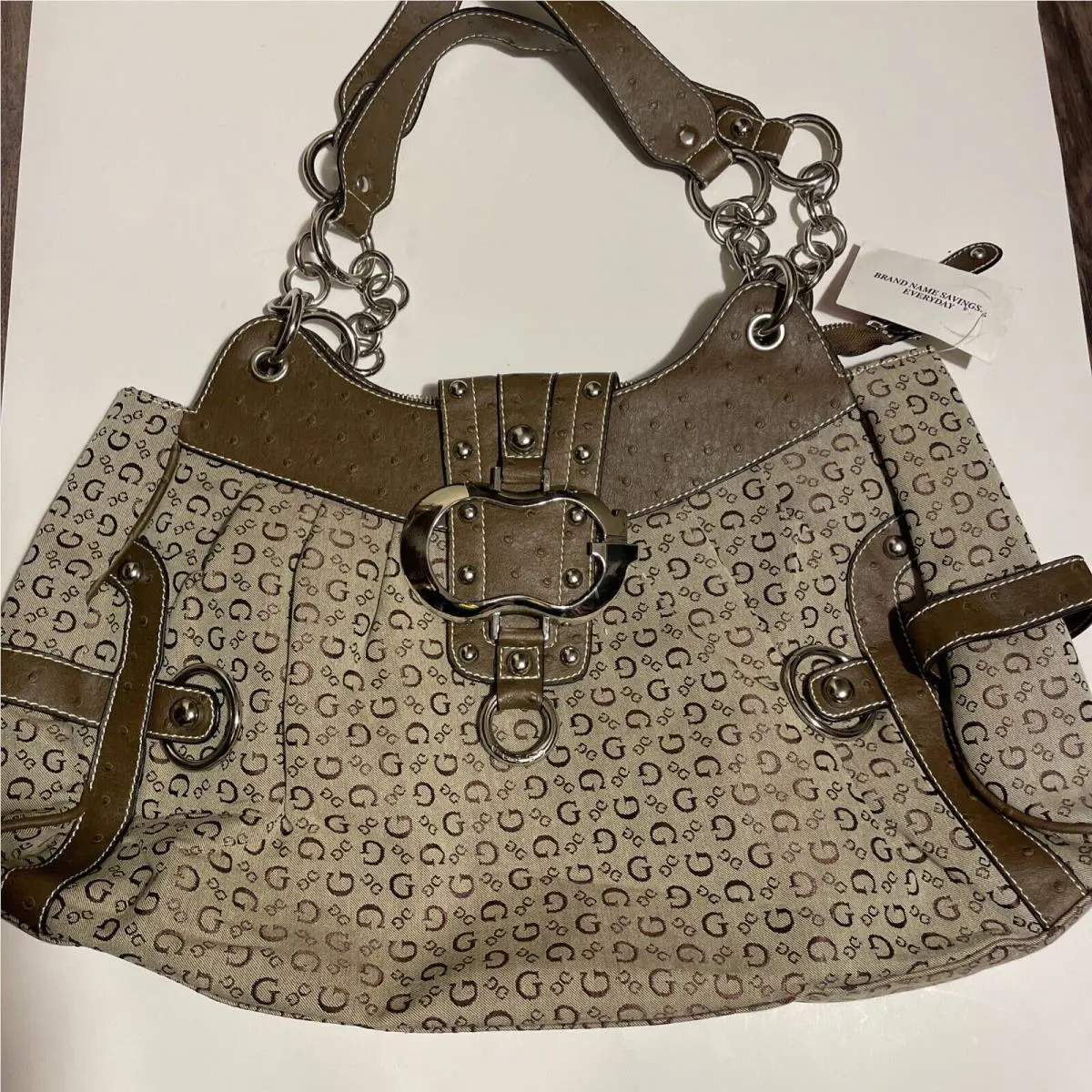 Vng Y2k Guess Canvas Bag Monogram Shoulder Hobo Bag Ostrich Embossed Brown