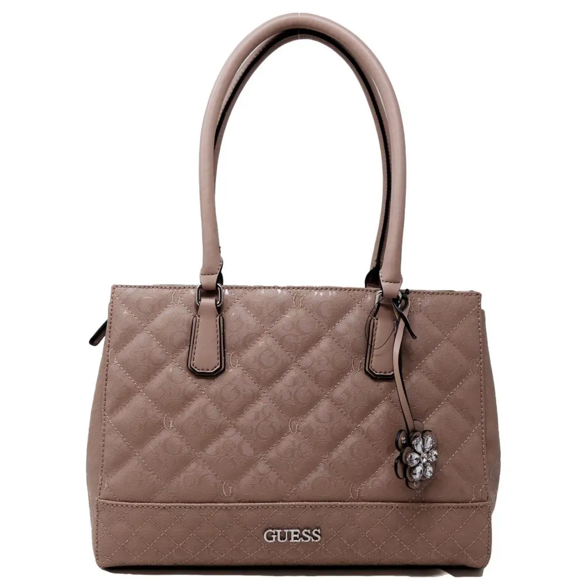 Guess Women`s Gretna Patent Logo Mauve Pink Quilted Tote Bag Handbag Purse