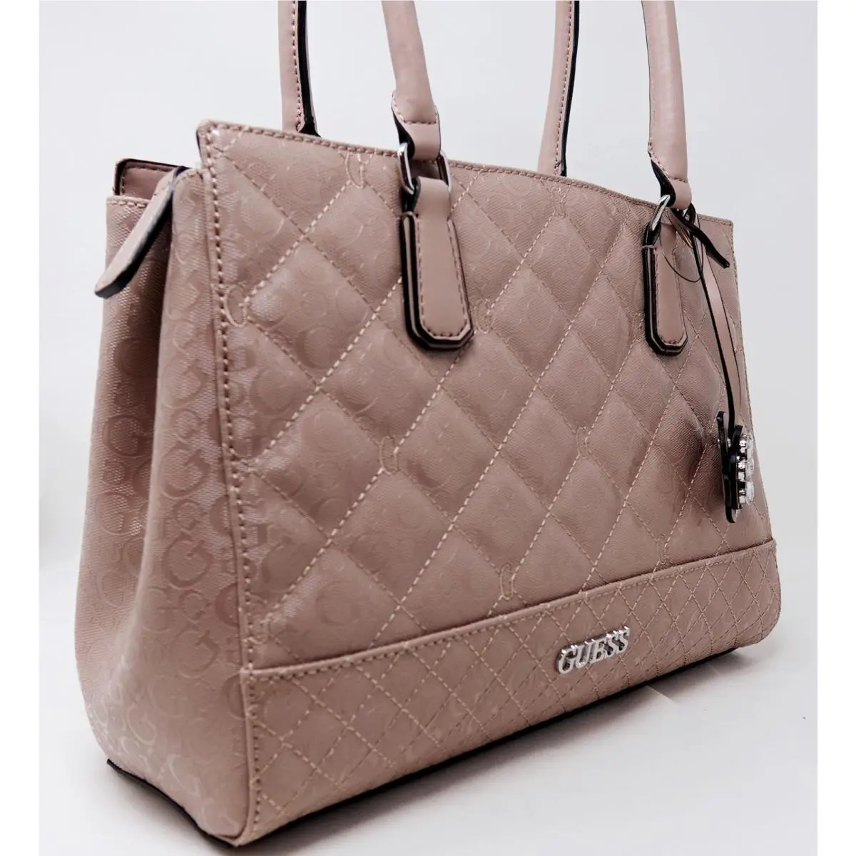 Guess Women`s Gretna Patent Logo Mauve Pink Quilted Tote Bag Handbag Purse