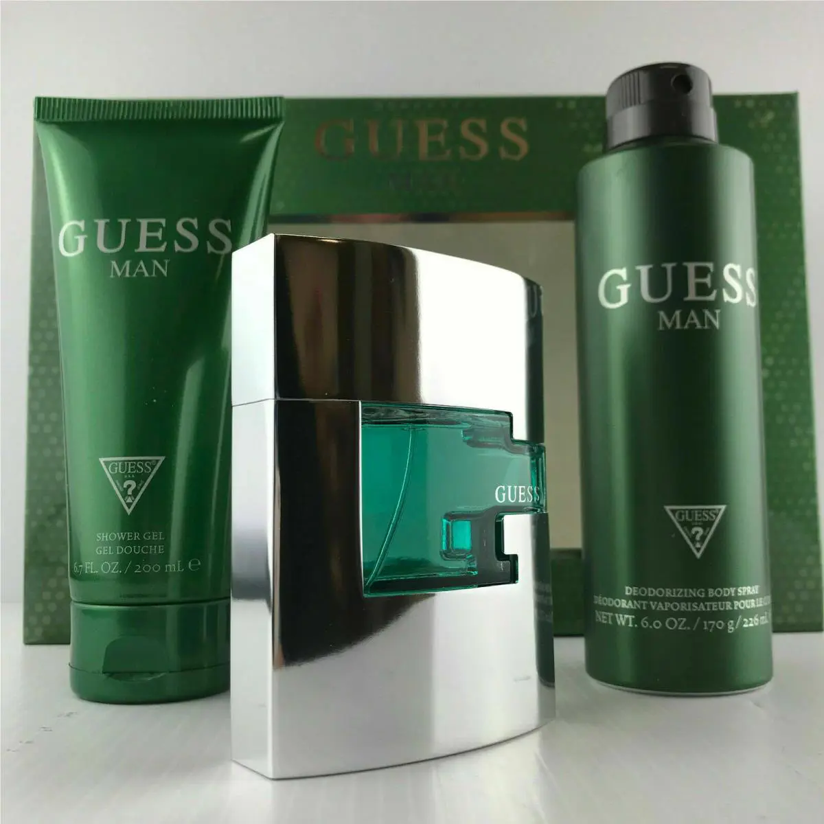 Guess Men 3pc Set Cologne Spray 2.5 oz Deo Body Spray 6.0 Shower Gel 6.7