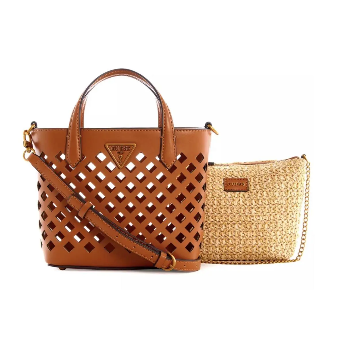 Guess Mini Aqua 2-In-1 Tote Cognac - Handle/Strap: Turq, Hardware: Antique Bronze-tone, Exterior: Cognac