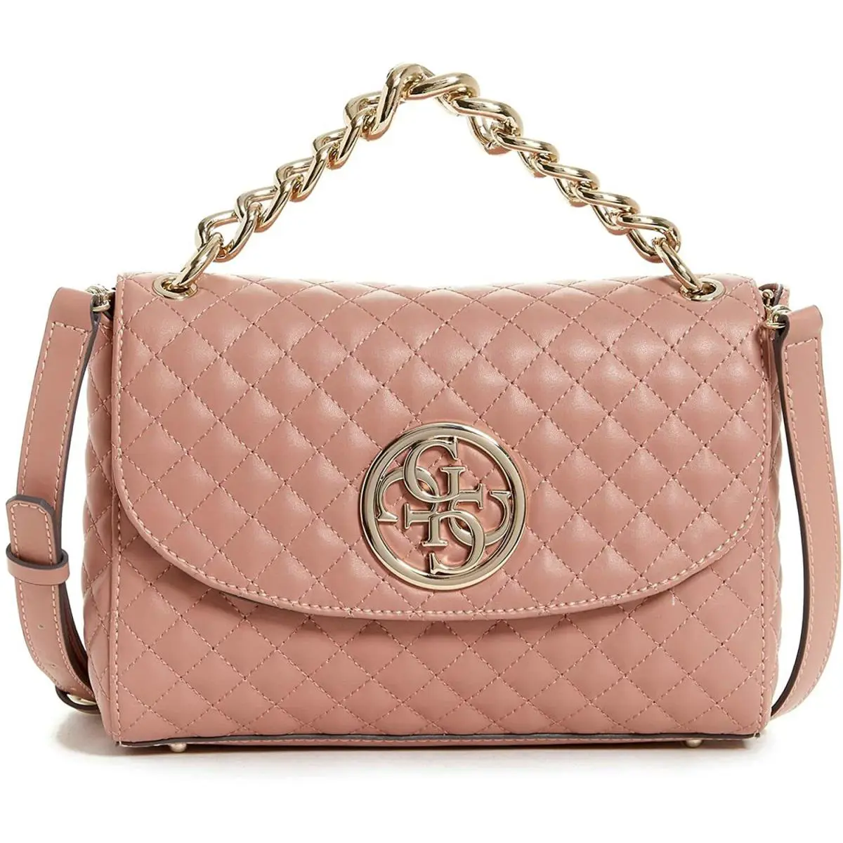 Guess Women`s Lux Blush Pink Quilted Flap-over Chain Crossbody Handbag Purse