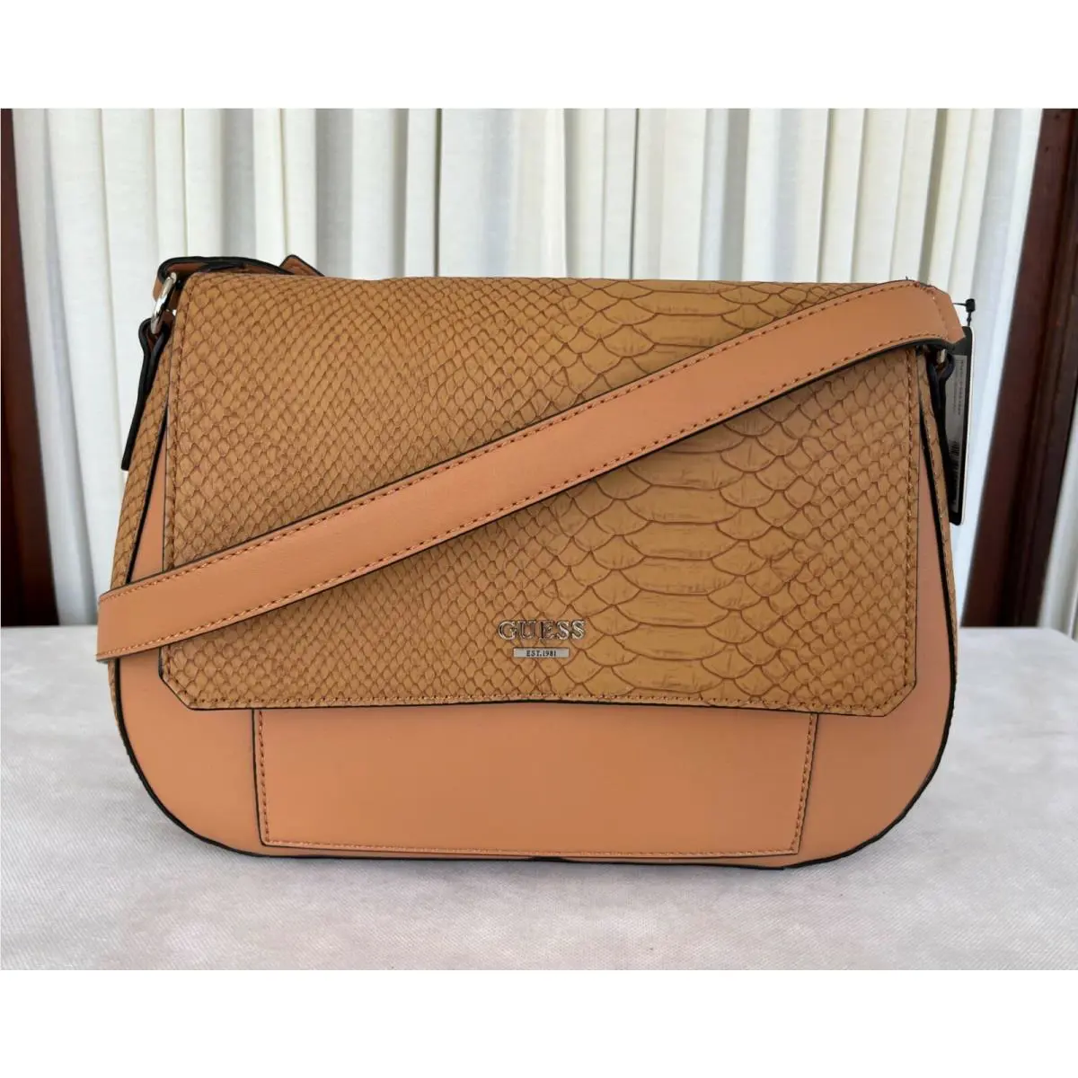 Guess Crossbody Saddle Shoulder Bag Cognac Colmar Embossed Snake