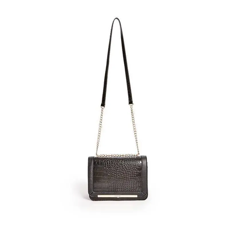 Kingville Black Croc Saffiano Leatherette Flap Crossbody Handbag by Guess