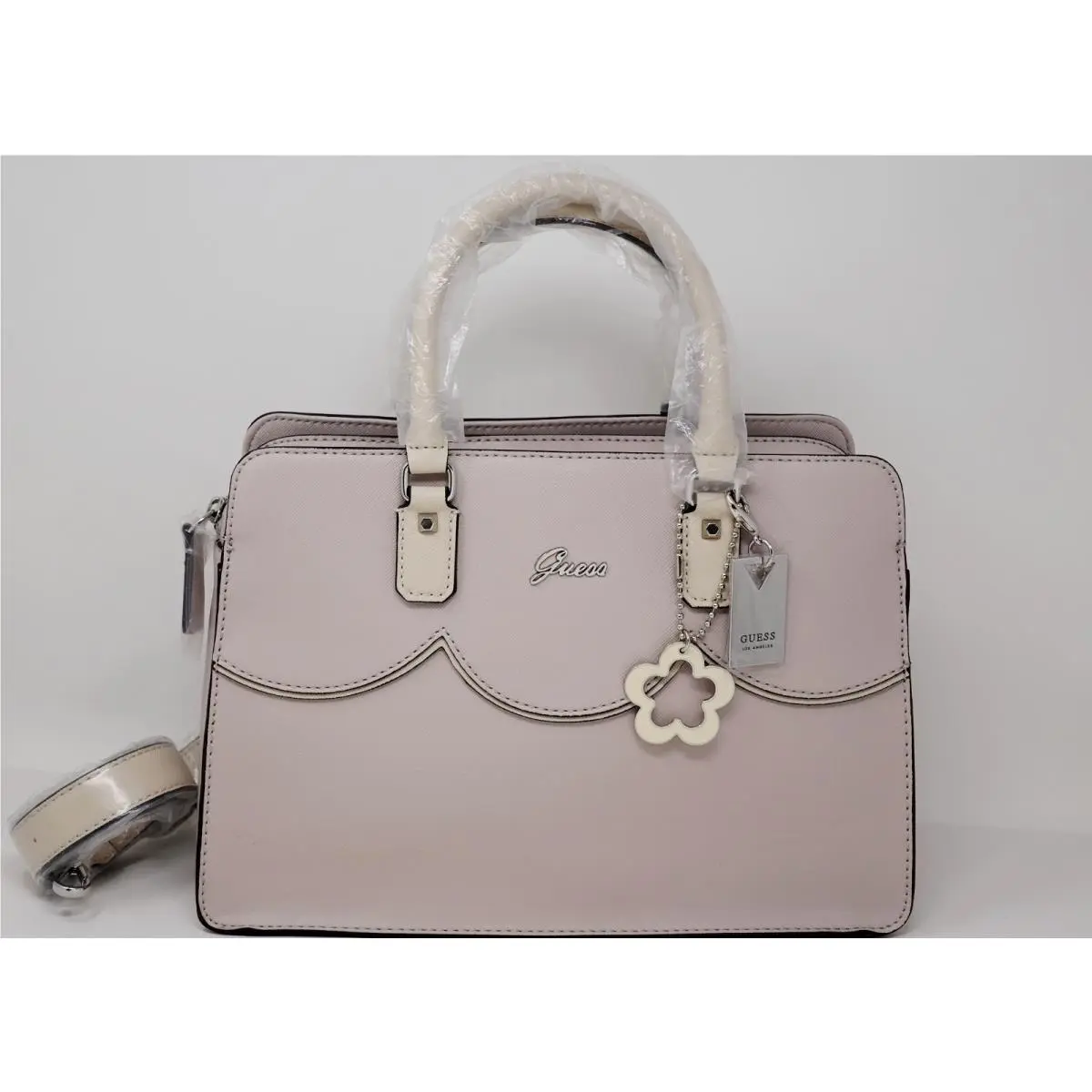 Guess Adobe Women`s Blush Saffiano Scalloped Box Satchel Handbag Purse