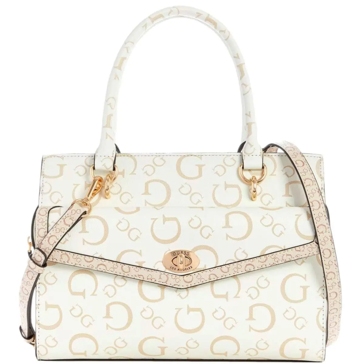 Guess Women`s G Logo Print Satchel Crossbody Bag Handbag - White / Beige
