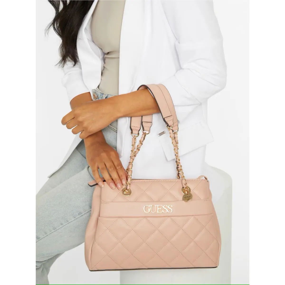 Guess Women`s Mattia Quilted Chain Handles Bag Satchel Handbag Purse -rose
