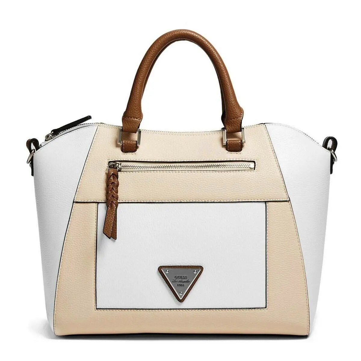Guess Women`s Airlia Tan White Colorblock Satchel Handbag Purse Crossbody
