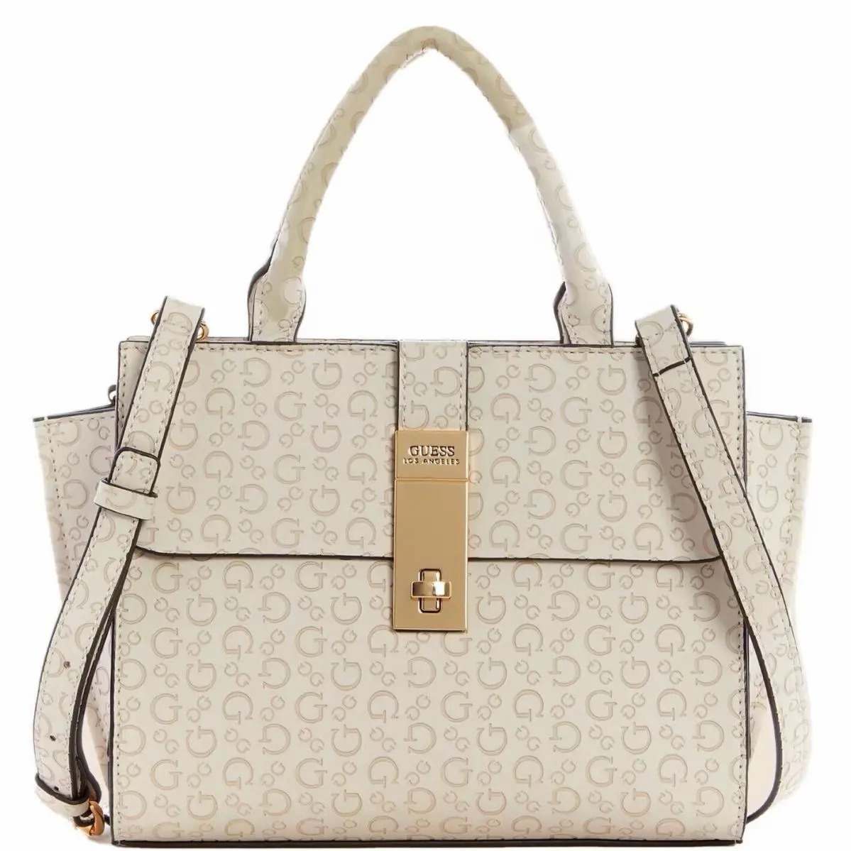 Guess Radwan Logo Embossed Small Satchel Crossbody Bag Handbag Purse - Stone