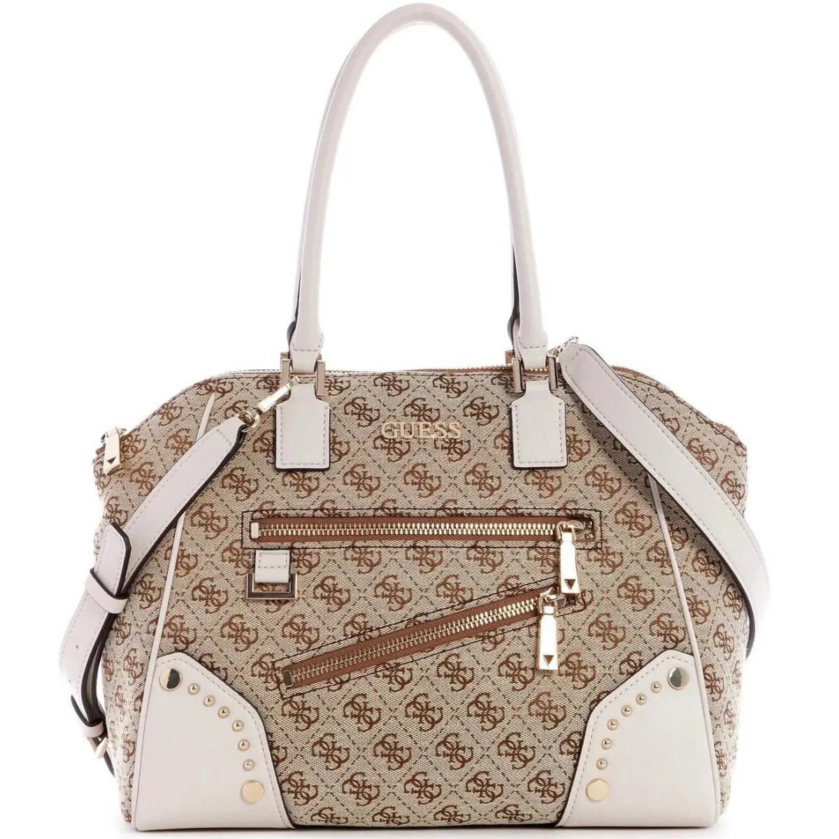 Guess Women`s White Brown Logo Jacquard Satchel Crossbody Bag Tote Handbag
